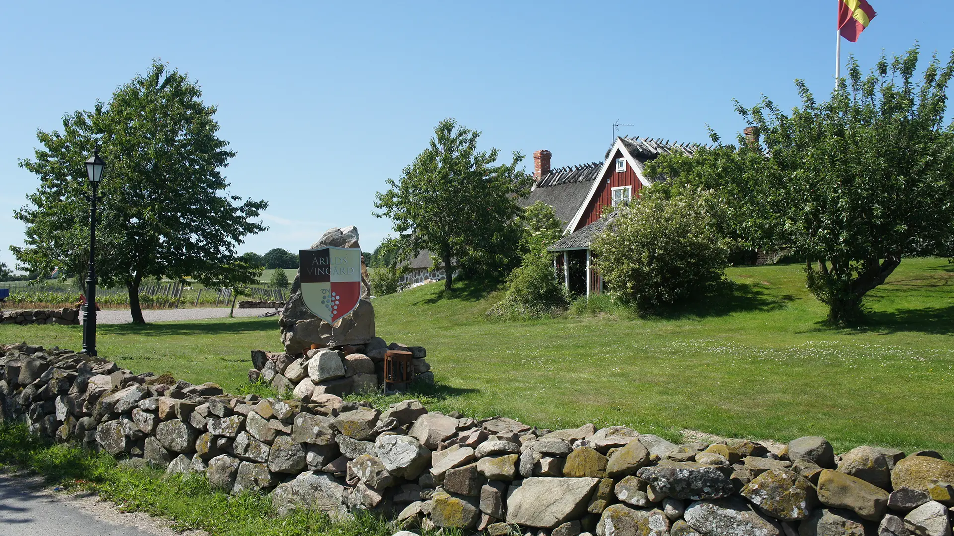 En idyllisk sommardag vid Arild's Vingård med en stenmur i förgrunden, en skylt med vingårdens namn och en charmig röd stuga med halmtak omgiven av grönska och vinrankor.