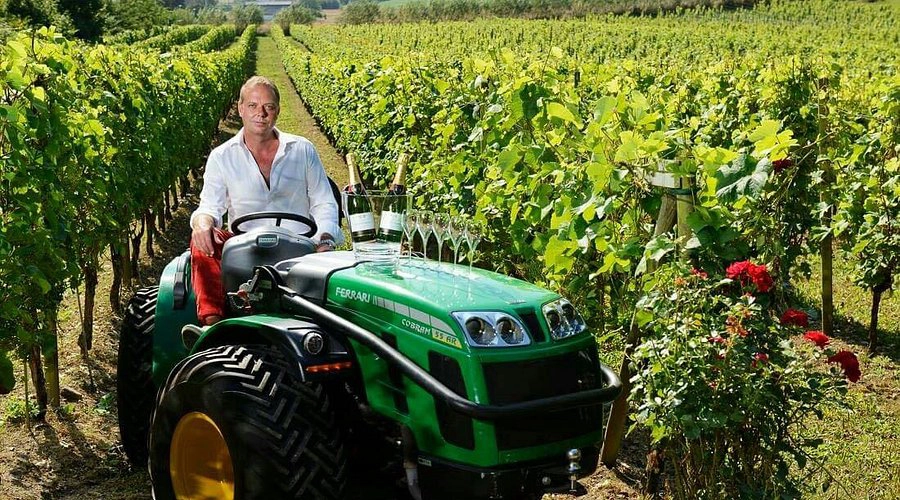 En man sitter på en grön traktor mitt i vinrankorna på Köpingsbergs Vingård, med champagneglas och en flaska mousserande vin placerade på traktorn. En solig dag i den skånska vingården.